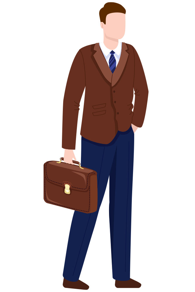 Mann mit braunem Jackett, Krawatte und Aktentasche