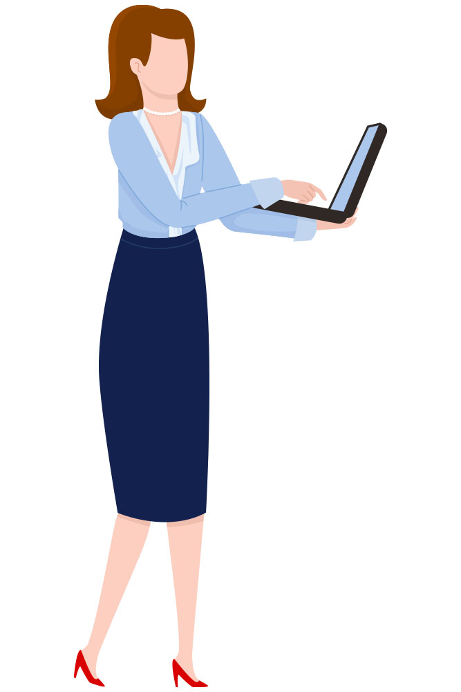 Frau im Businesskostüm tippt auf einem Laptop