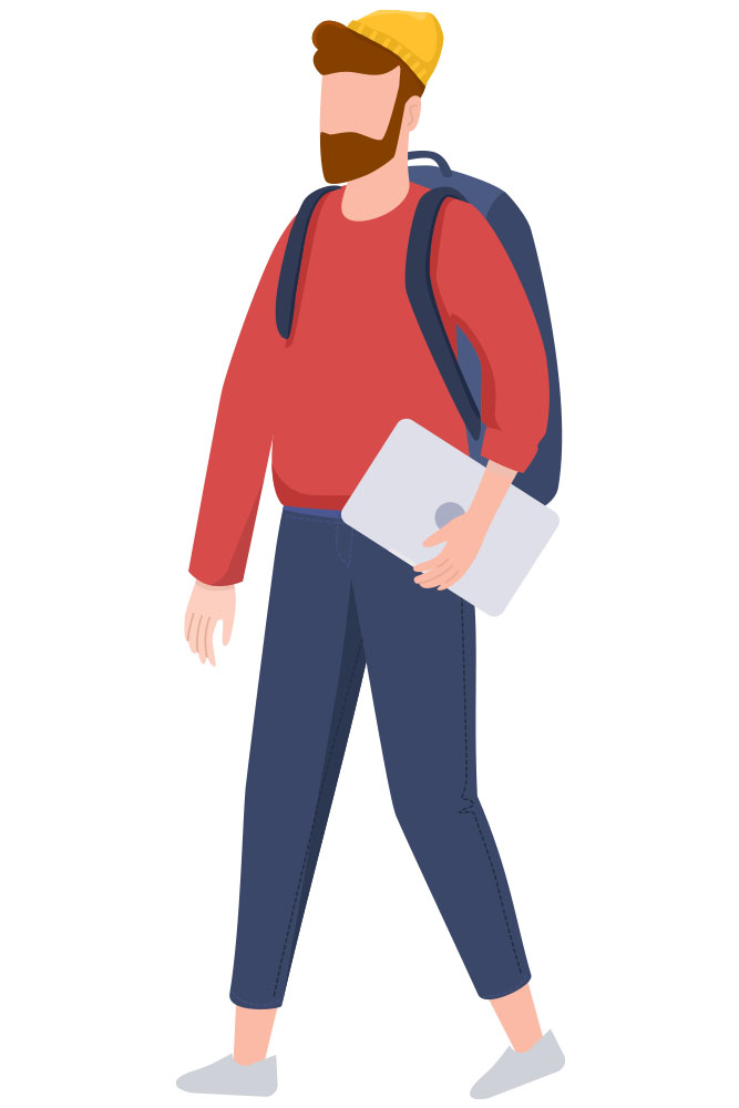 Mann mit rotem Pullover, Rucksack und Laptop unter dem Arm