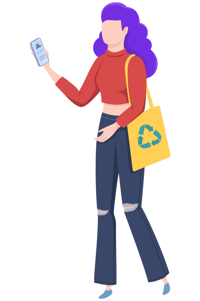 Eine junge Frau mit Jutebeutel und Smartphone in der Hand