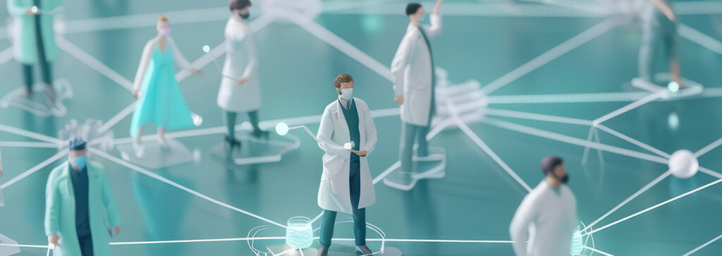 Figuren von Ärzten und Medizinern sind durch Linien verbunden