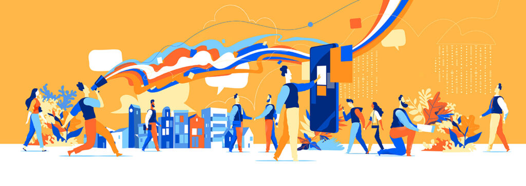 Grafik mit Menschen, die mit digitalen Medien arbeiten
